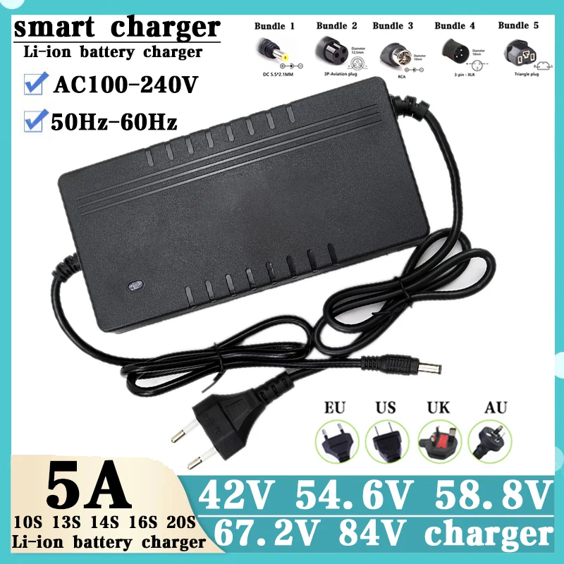 42V 54,6 V 57,8V 67,2V 84V 5A Lítiová nabíjačka s batériou pre 36 V 48V 60V 72V 18650 21700 LI-ION BATKERA BATÍNA 5A Nabíjačka vysokej kvality vysokej kvality