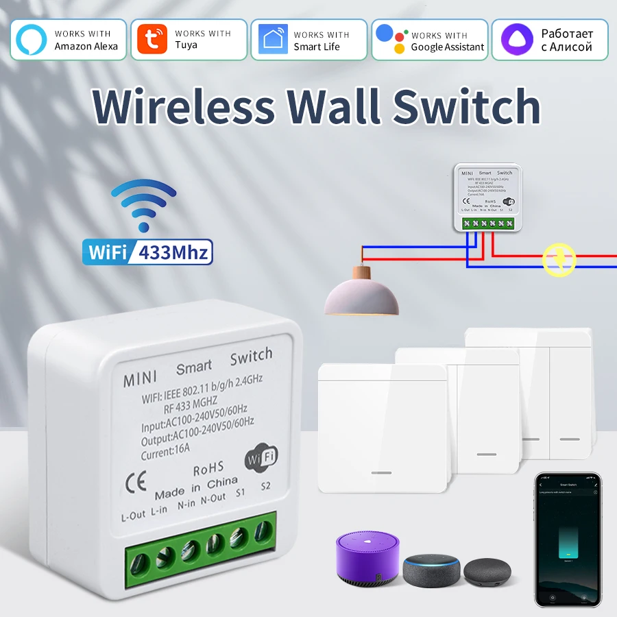 433MHz tuya wifi inteligentný prepínač 16a bezdrôtovo 1/2/3 Gang 86 Spínač na sten