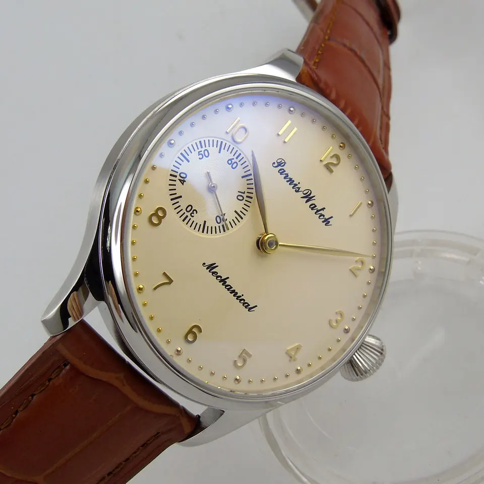 44 mm Parnis On-biele vytáčanie Rose Golden Tasted Ruky hnedé kožené remienok 6497 Pohyb kožený remienok Ručne vinutia pánske hodinky