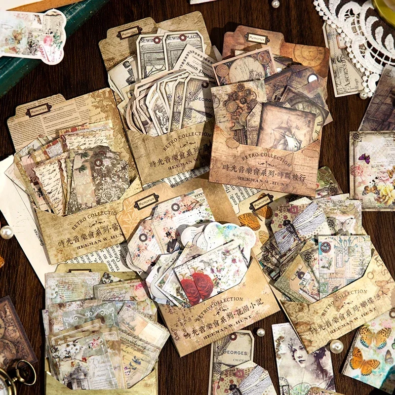 45ks/balenie Vintage Materiál papierové nálepky Balenie kreativita Adhézne DIY Nálepky ručne vyrobené dekoratívne nevyžiadané denník Supplies