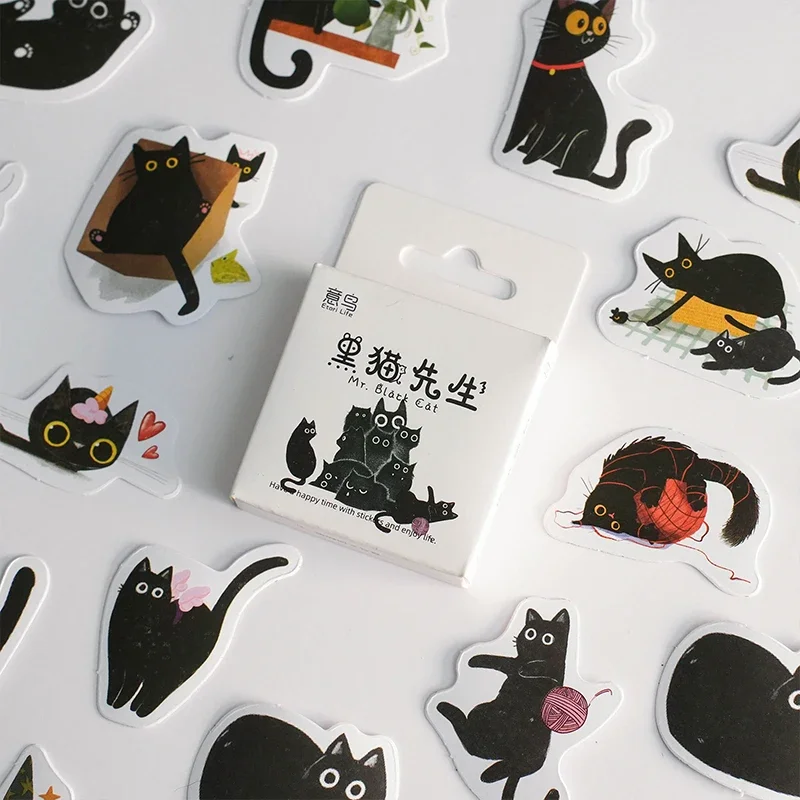 45ks/box čierna mačka téma nálepky na nálepky dekorácie Kawaii Cute Cats Stickers Self-spad scrapbooking nálepky pre plánovačov notebooku