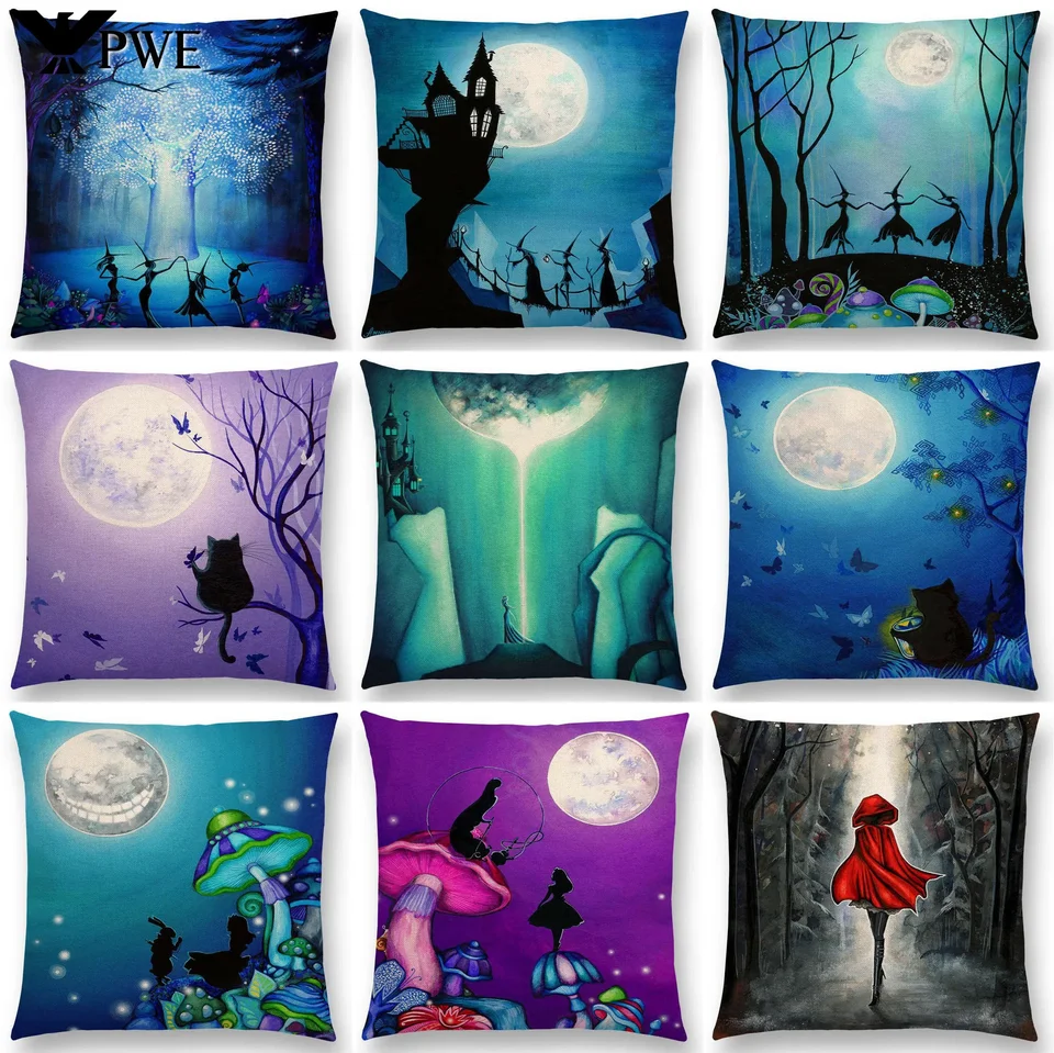 45x45 cm roztomilý kúzlo mesiaca Moon Moon Night Wonderland Jade Forest Witch Halloween Dance Cushion Cover Polyester Sofa Home Vanklow Cover