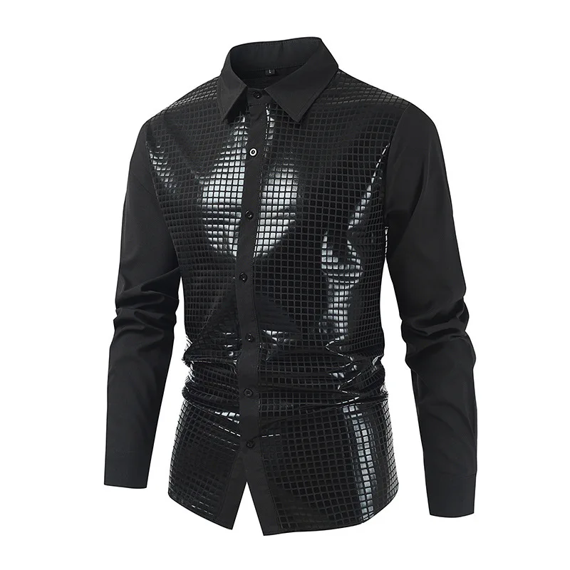 #4662 Čierny spli spoločný s dlhým rukávom košele Men Singer Night Club Dance Streetwear Hip Hop košeľa Sequines košeľa košeľa