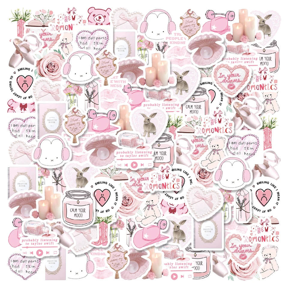 46ks Bunny, Bear, Parfum Pink Graffiti Stickers Dekorated Notebook Pohár vodného pohára denník Gitara Študentské papierové potreby PVC obtisky