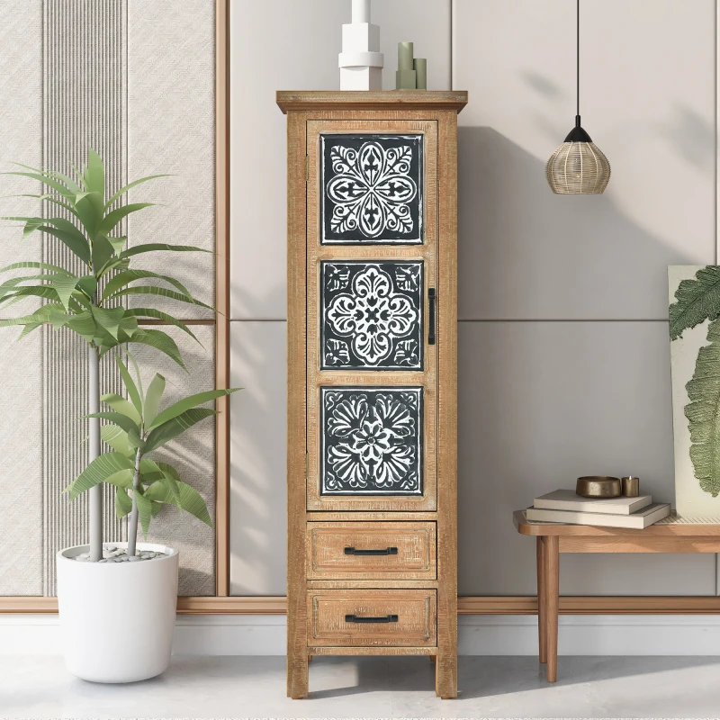 47.6''tall Accent Storage Cabinet s 1 dverami a 2 zásuvkami, moderná dekoratívna skrinka s dreveným rámom a čiernobiely