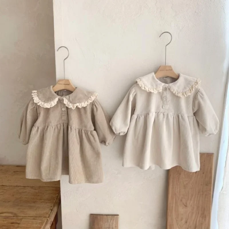 4763C Kórejské dievčatá šaty s dlhým rukávom Cotton Corduroy Doll Sukňa 2023 Jarná jeseň