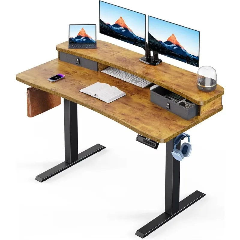 48 ″ x 24 ″ elektrický stolný stôl s 2 zásuvkami, výškovým nastaviteľným počítačom, so 4 predvolenými výškami a 2 háčikmi, hnedou hnedou farbou