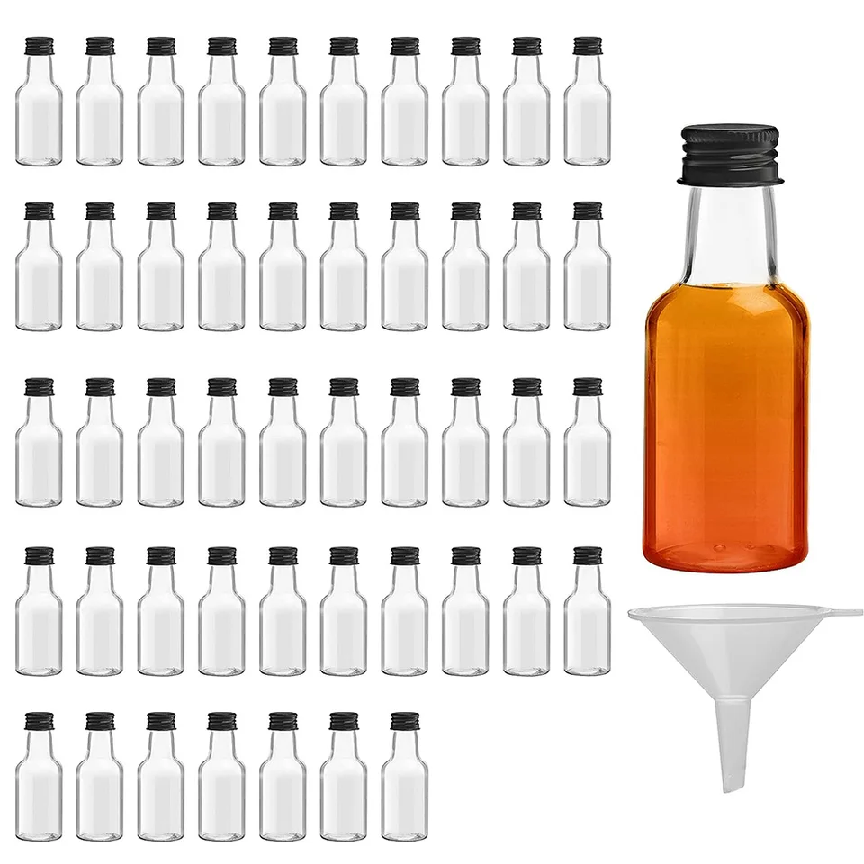 48ks 25 ml mini likérových fliaš opakovane použiteľná plastová prázdna duchovná fľaša s tekutými lievikmi Miniatúrne fľaše na svadby a večierky