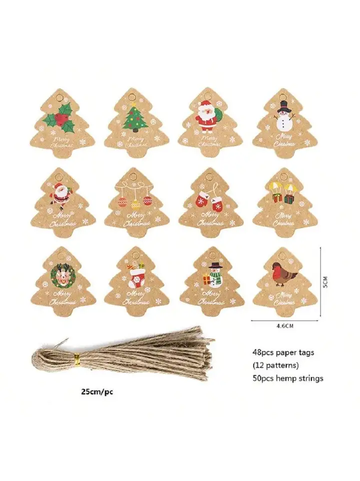 48ks vianočné značky stromov Darčekové tašky zavesenie papierovej značky Kraft Paper Retro vianočné cukrovinky Cookies Balenie Supplies Noel Navidad Decoration
