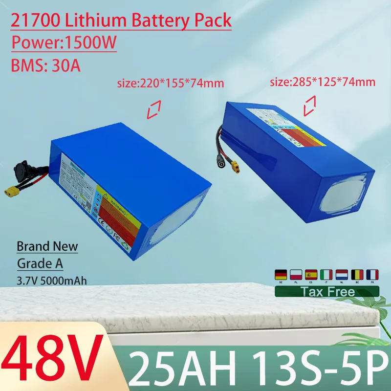 48V 25AH 21700 13S5P lítium -iónové batérie 1500 W elektrické náradie batérie vonkajšie záložné batérie s 30A BMS+54,6 V 5A nabíjačkou