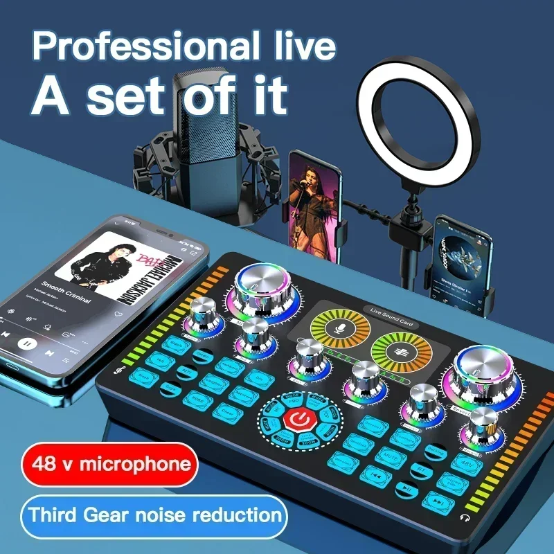 48V Live Sound Card Podcast Equipment Bluetooth kompatibilný mikrofónový zvukový mixér zvukový mixér hlasu hlasu pre živé vysielanie