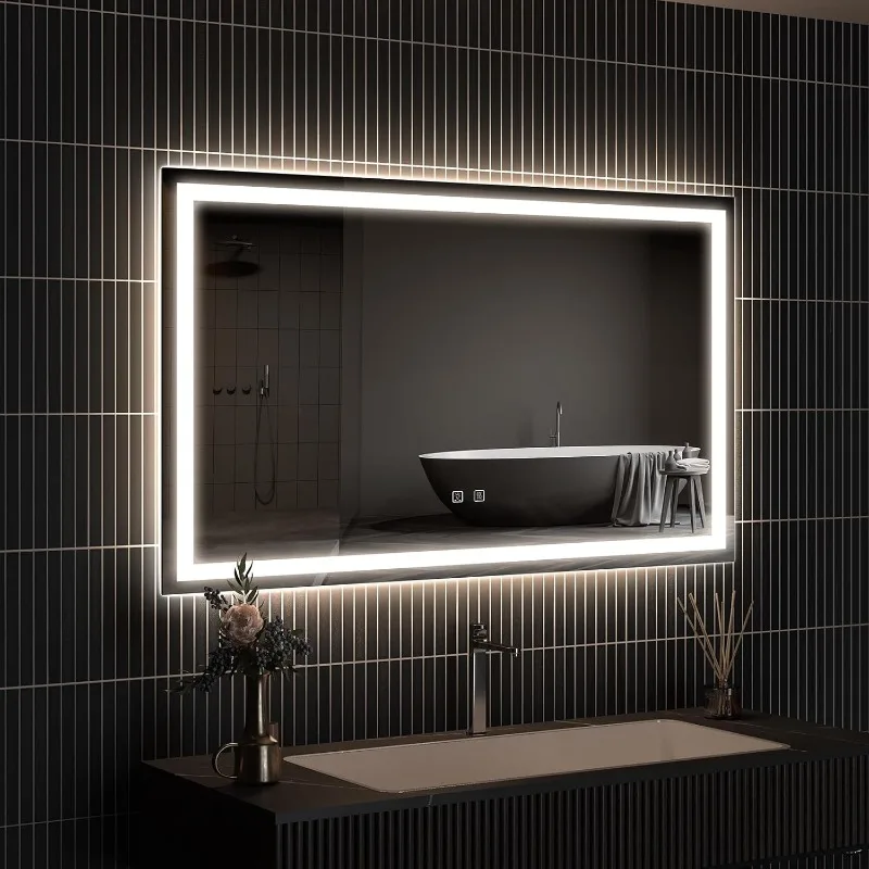 48x36 palcové LED kúpeľňové zrkadlo s predným a podsvietením, make-up zrkadlo s 3 farebnými svetlami, pamäťová funkcia, anti-fog