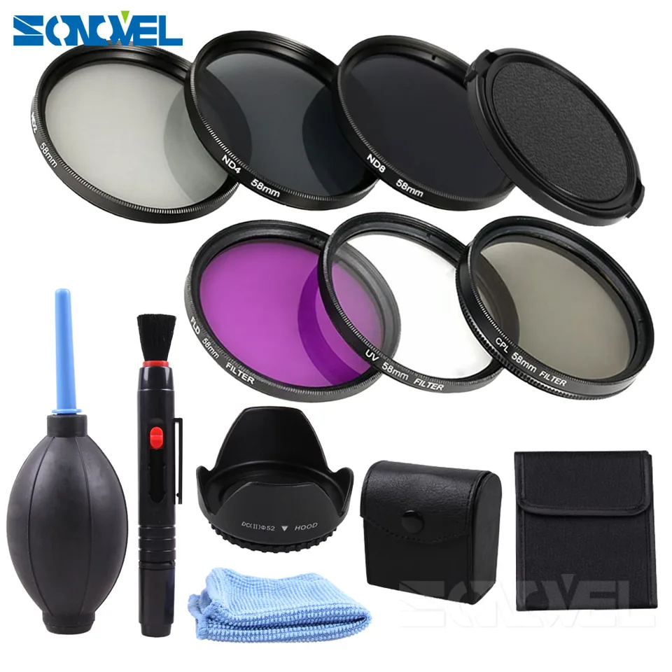 49 52 55 58 62 67 72 77 mm UV CPL FLD ND 2 4 8 Sada šošoviek na filtra neutrálnej hustoty+kapucňa šošovky+uzáver šošoviek+čistiaca súprava pre Canon Nikon