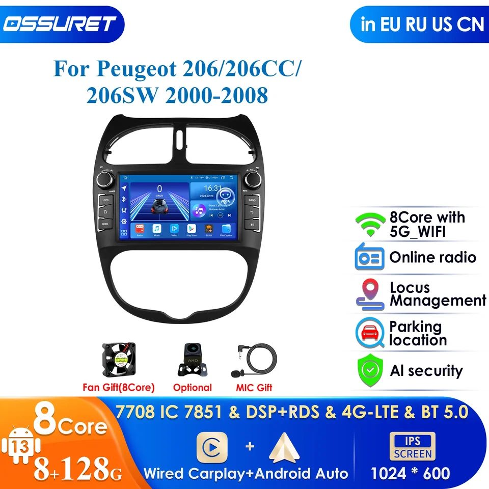 4G 7 '' AI Intelligent Systems CarPlay Android Auto Radio pre Peugeot 206 206cc 206sw 2000-2008 Multimediálne GPS 2DIN Autoradio