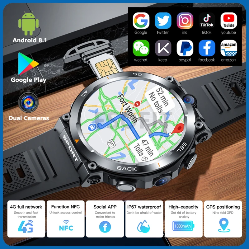 4G Net Smartwatch Stiahnutie aplikácie Dual Camera GPS WiFi Video hovory 1,39 palca Men Ženy Podporuje Google Play SIM Card Smart Watch