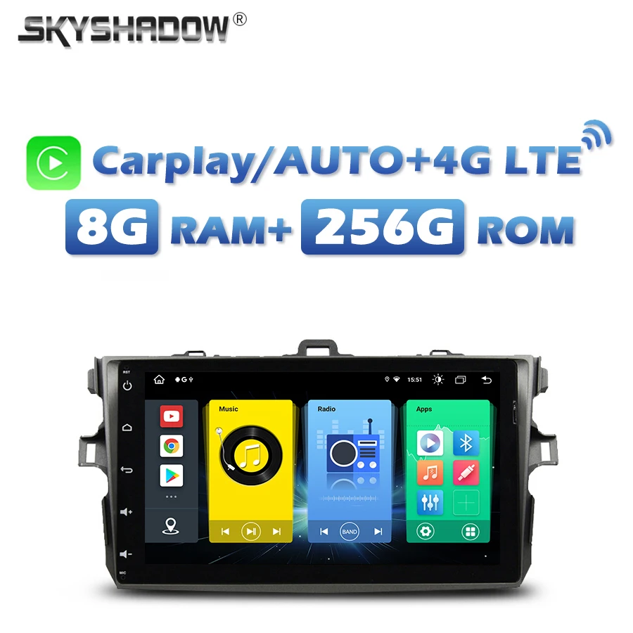 4G SIM Wireless CarPlay Auto Car DVD Player Android 13,0 8G+256G WiFi GPS mapa Bluetooth RDS Radio pre Toyota Corolla 2006-2012