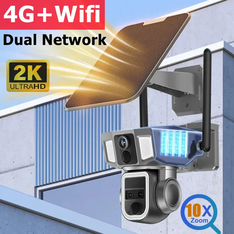 4G+WiFi Dual Network Solar IP Camera Outdoor Dual Screen 4G a WiFi 3-Lens 2K 10x Zoom PIR Automatické sledovanie CCTV Security Cam Cam