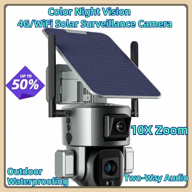 4G/WiFi Solar Durveillance Camera PTZ Human Detection Color Night Vision Dvojcestný zvuk 10X Zoom Outdoor Hydroizolácia