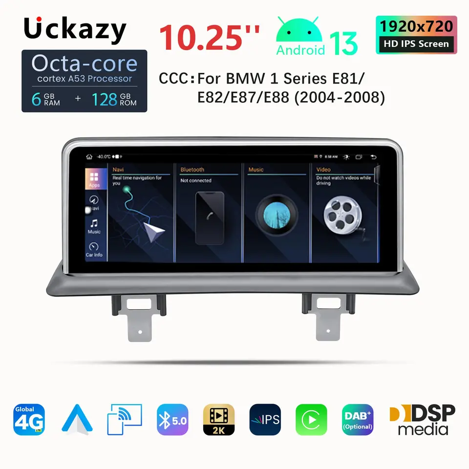 4G Wireless CarPlay Android 13 Car Radio pre BMW 1 Series 120i E81 E82 E87 E88 CCC CIC Multimediálna obrazovka hlava STEREO AUDIO