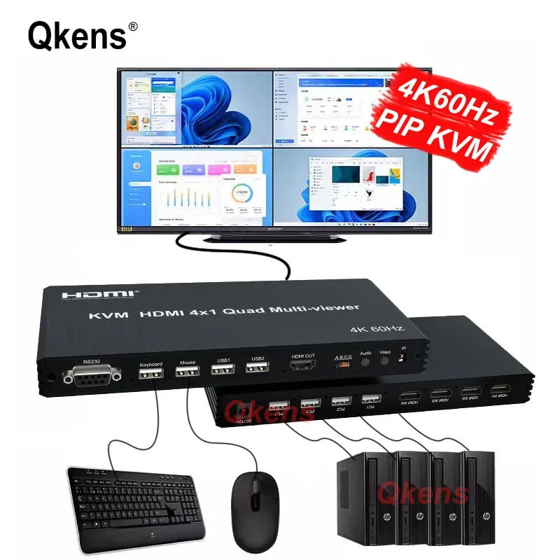 4K 60Hz 4x1 HDMI MultiViewer Quad Screen Display pre PS4 prenosný počítač PC do TV Monitor môže PIP 90 ° 180 ° Flip USB Klávesová myš myš