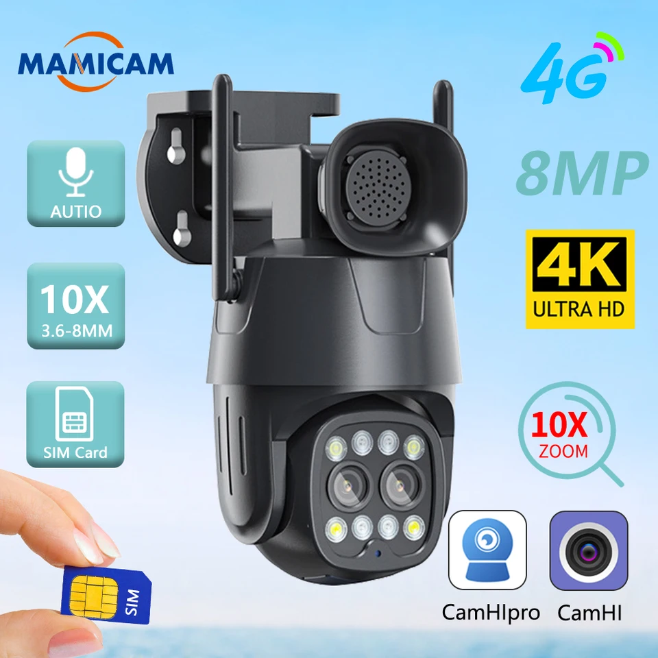 4K/8MP 3G 4G SIM Card LTE Camera IP WiFi Surlalance Camera Outdoor Dual Dual Lens 3,6 mm-8 mm CCTV CAM AI Human Tracking Color Vision