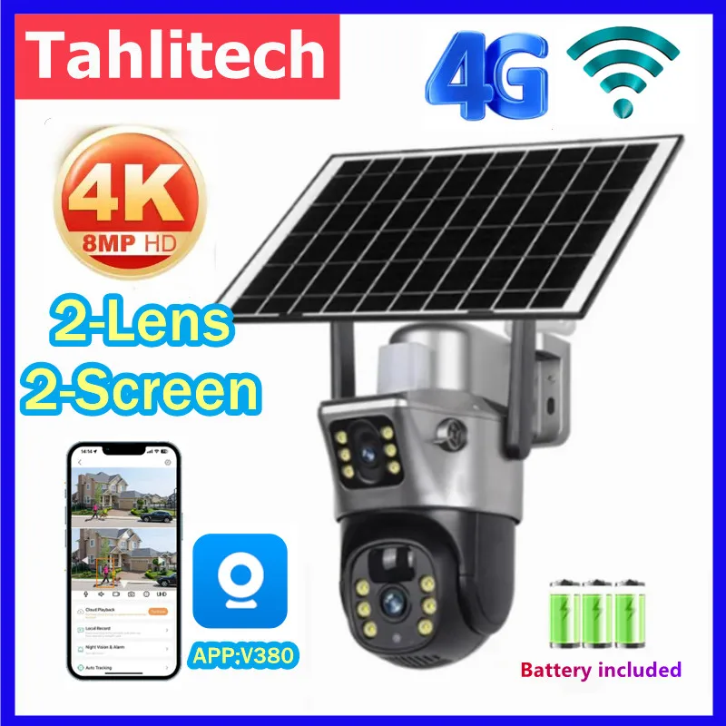 4K 8MP 4G SIM karta Solárna batéria fotoaparát Outdoor Wi -Fi IP Cam duálna šošovka Duálna obrazovka Security Ochrana CCTV CCTV