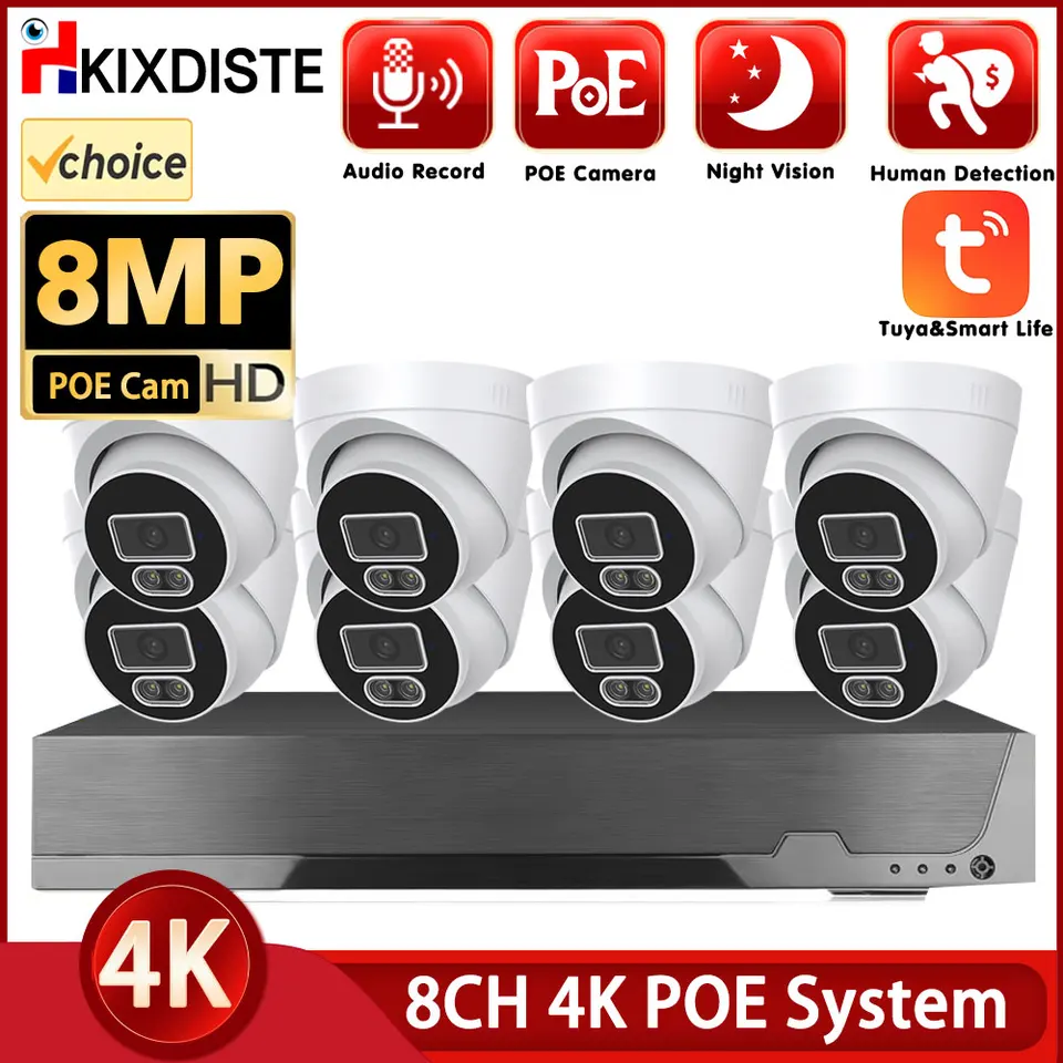 4K 8MP 8ch Poe NVR Denné nočné videnie zabezpečenie IP kamerový systém CCTV Video záznam vonku ľudský zvukový dohľad nad kamerou Tuya