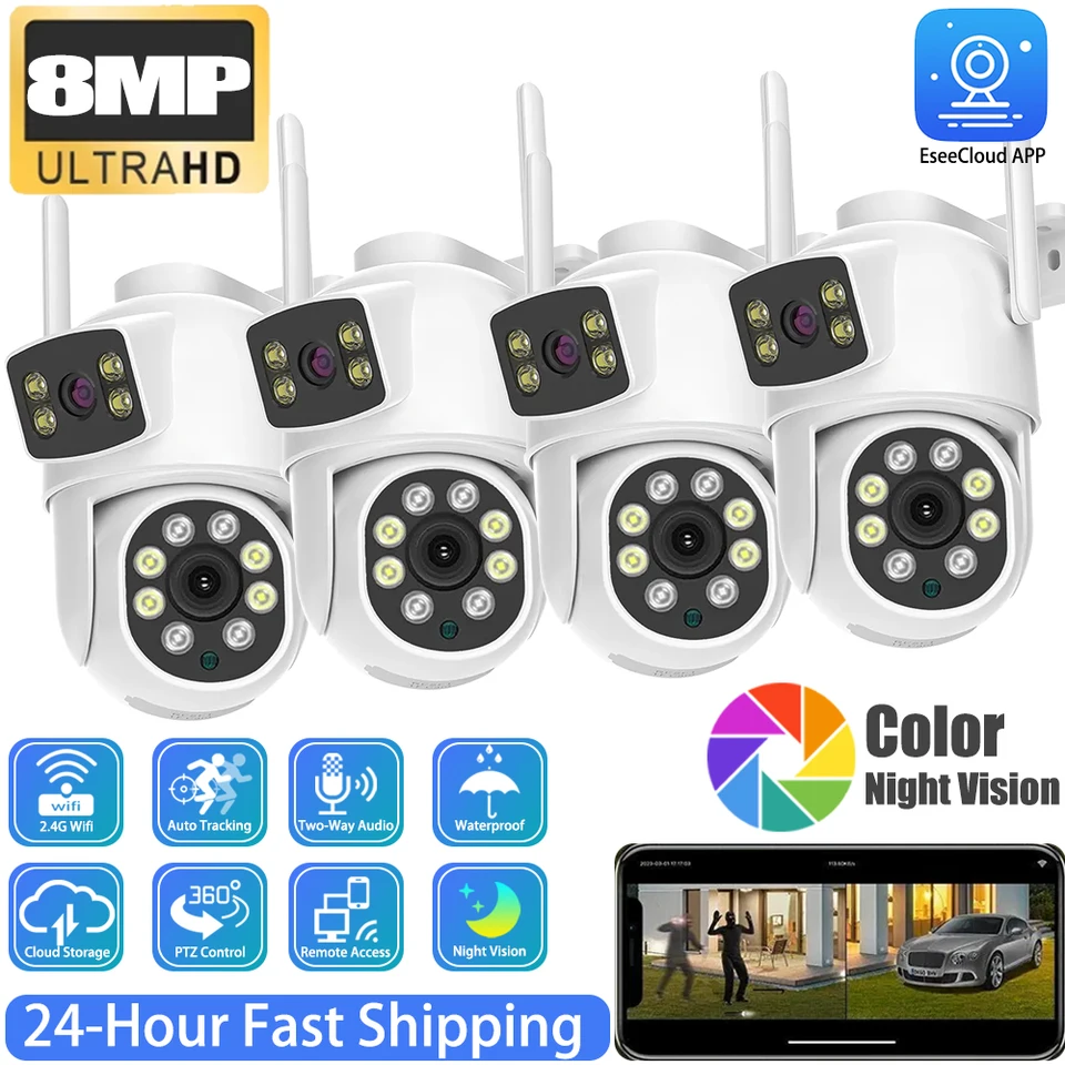 4K 8MP Duálne šošovky Duálne obrazovky Mini bezdrôtové PTZ fotoaparát obojsmerne zvukové farebné nočné videnie vonkajšie vodotesné wifi kamery Eseecloud
