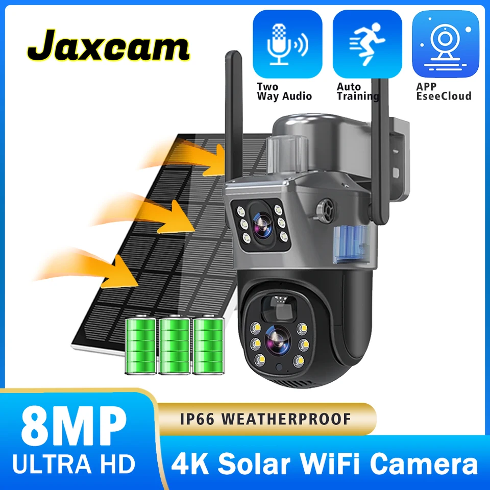4K 8MP Duálne šošovky Solárna kamera Outdoor Security WiFi Dozorné kamery so solárnym panelom Automatické sledovanie PIR Detekcia PTZ fotoaparát PTZ