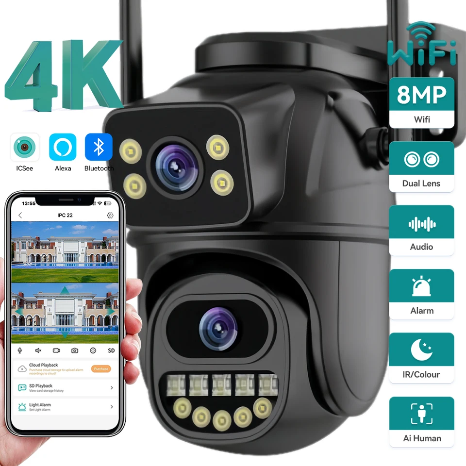 4K 8MP WiFi PTZ IP fotoaparát s dvoma šošovkami s duálnou obrazovkou AI ľudské automatické sledovanie farieb NightVision ICSEE Outdoor Durveillance Camera