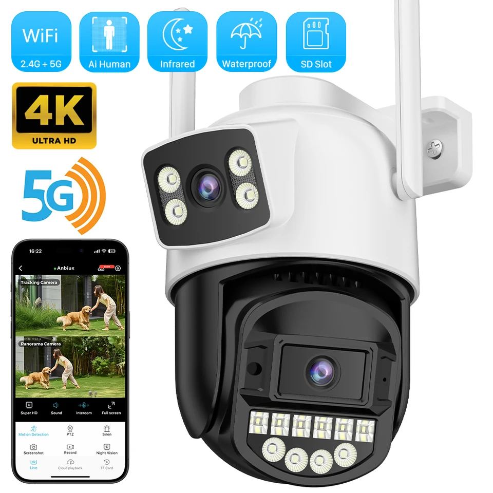 4K 8MP WiFi Sledovacia kamera Duálna šošovka 4x digitálna zoom AI Human Detect 10MP 5GHz a 2,4 GHz WiFi Outdoor Security PTZ IP kamery