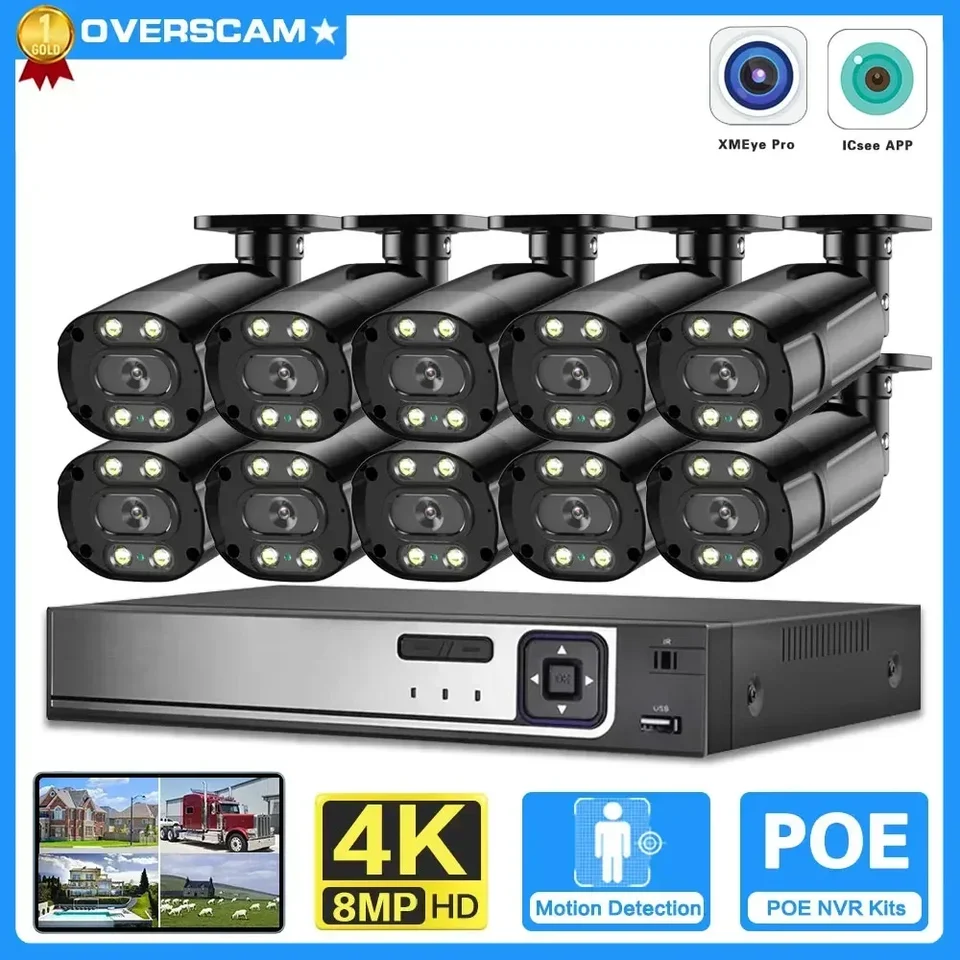 4K bezpečnostný kamera Systém H.265 10ch NVR Poe Smart 8MP Super Color Full Night Vision Audio Water Proof Camera Systém kamery