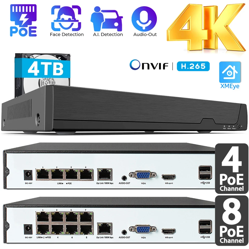4K CCTV Poe NVR Poe Network Video Recorder pre domáci bezpečnostný kamera systém ONVIF DVR pre IP fotoaparát 8MP 4/8 V napájanie Ethernet