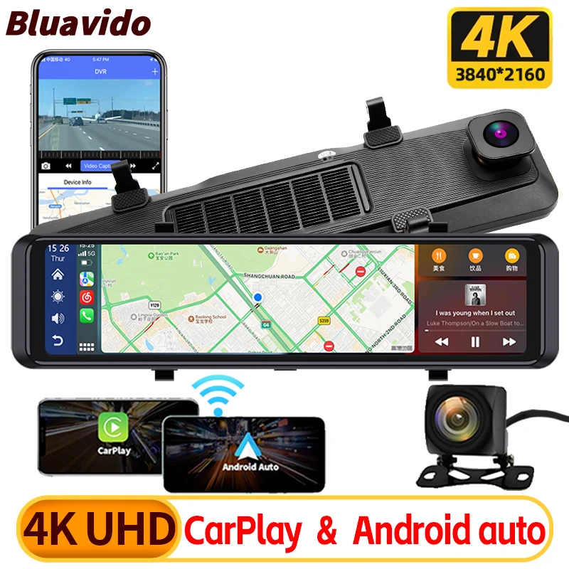 4K Dash Cam Zadné zrkadlo s CarPlay a Android Auto bezdrôtové screencasting FHD 1080P Video zapisovač Bluetooth WiFi