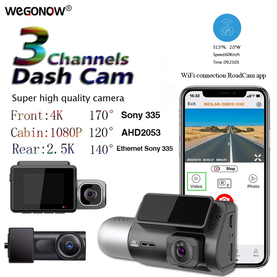 4K Dashcam s WiFi GPS Car DVR 3 Camera Camera Mini 4K Sony Dash Cam 3 Predná a zadná časť vo vnútri 3 -kanálového DVR zapisovača DVR kamery