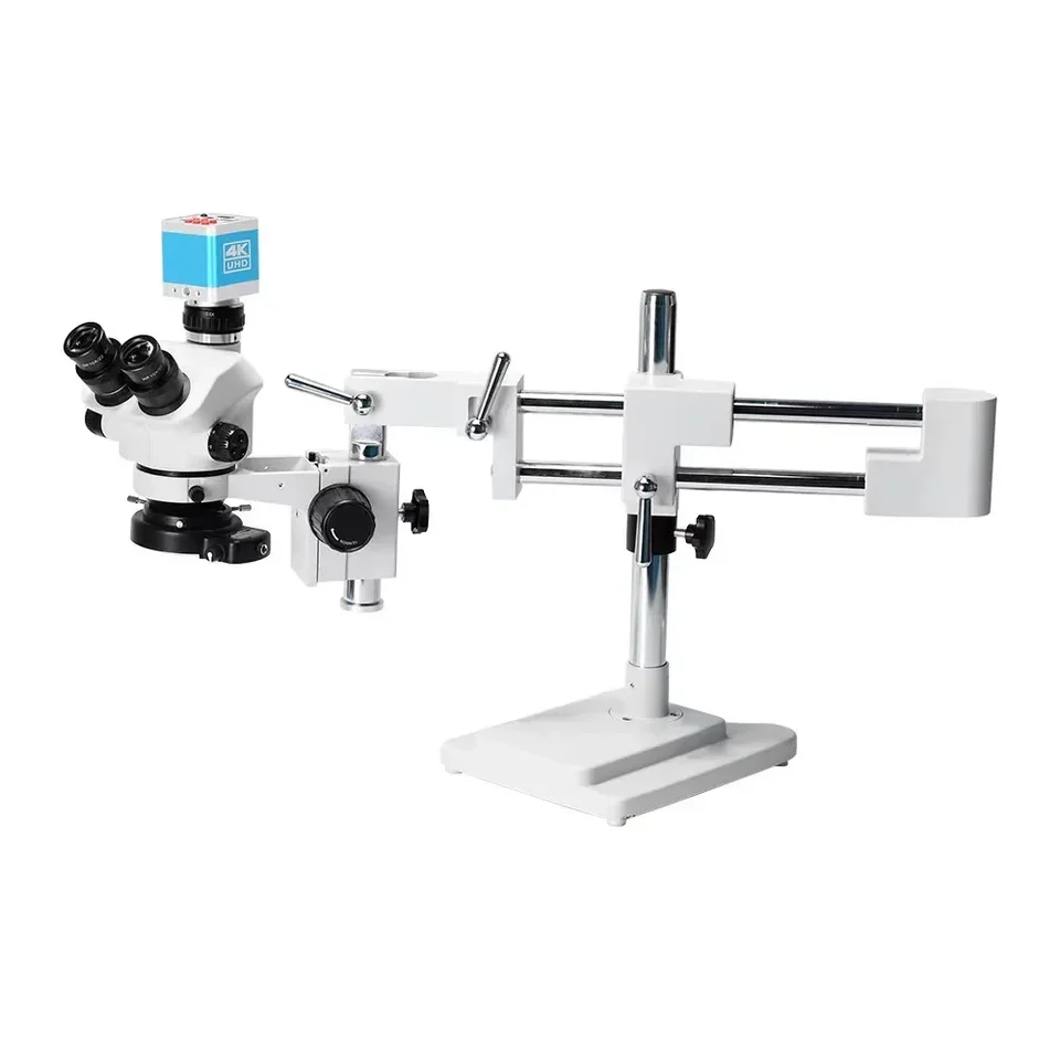 4K fotoaparát 3,5x- 90x 7-45x Simul-Fokal Double Boom Stand Trinokulárny stereofónny mikroskop pre mobilné opravy mikroskopie