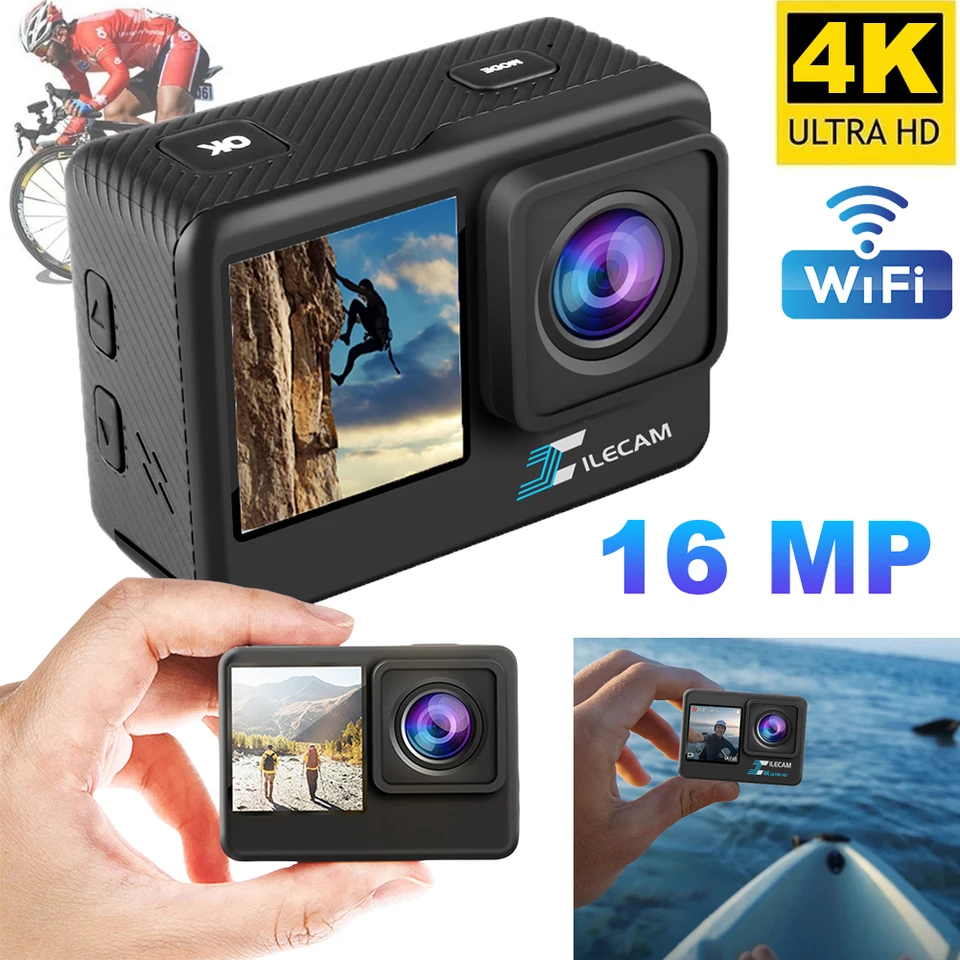 4K UHD Bicykel Video nahrávanie fotoaparátu 1080p 30fps 2,0 palca IPS obrazovky Videokamera Anti-trasúca pod vodou 30 metrov vodotesná