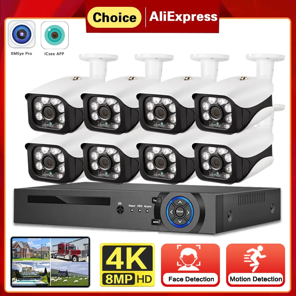 4K Ultra HD 8MP detekcia tváre Bezpečnostný systém kamery AHD DVR Kit Street CCTV Bullet IP Outdoor Home Dohľad