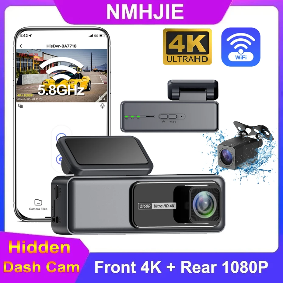 4K WiFi Dash Cam pre autá DVR predné a zadné dvojité šošovky Auto Dashcam Time-Lapse Video Vstavané WiFi Support 24H parkovací monitor