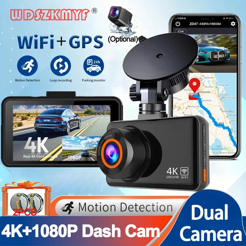 4K WiFi Dual Dashcam for CAR GPS DVR DVR Video Recorder Front a zadné zobrazenie Camera Night Vision Parking Monitor