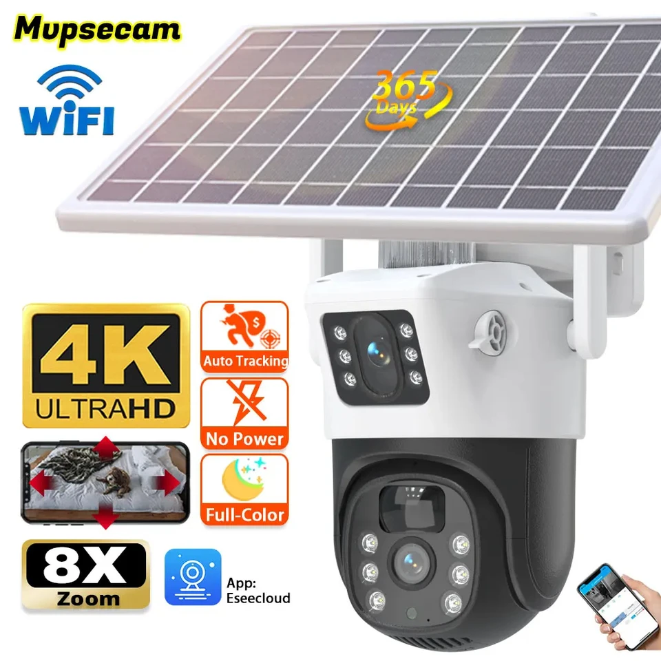 4K WiFi Solárna kamera s panelom WiFi Outdoor 8MP Camara Pir Detection Detection Night Vision Ochrana zabezpečená vstavaná batéria