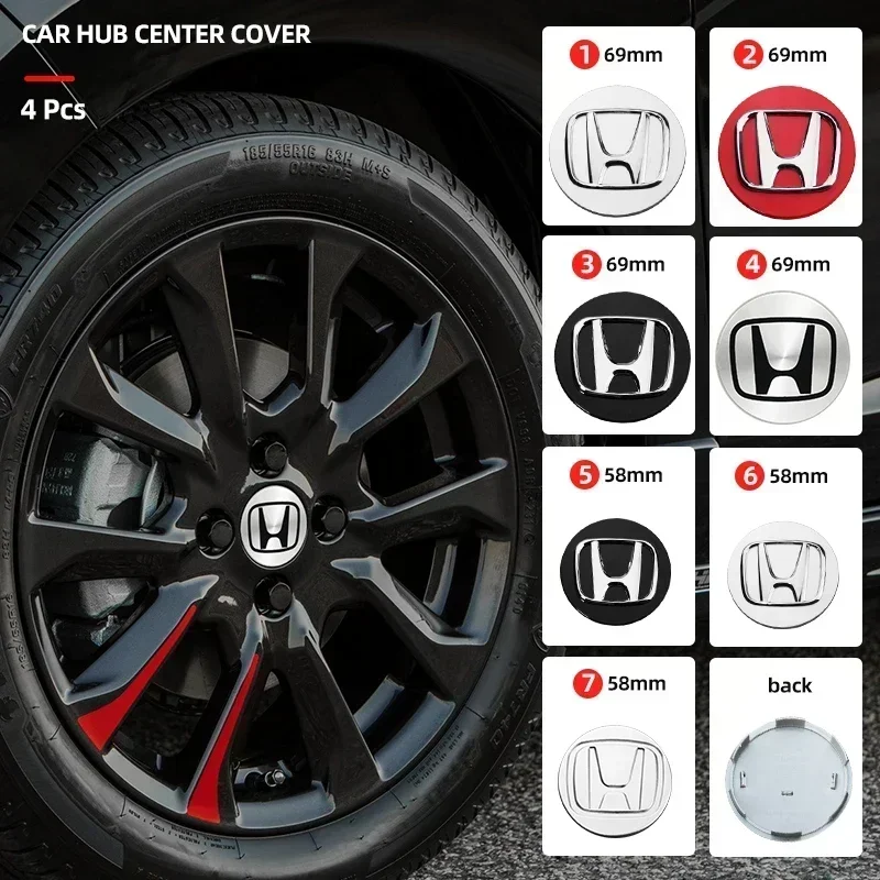 4ks 58 mm/69 mm automobilové kolesá Centry Caps Caps Badge Stickers for Honda Civic Fit Jazz Accord Crv HRV City Odyssey Passport Vezel