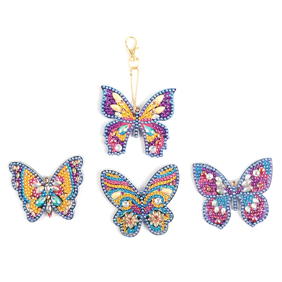 4ks Butterfly 5D plné vŕtačky Špeciálna diamantová maľba Key Chain Key Ring Crafts Nový rok dekorácia Vianoce veselé darček