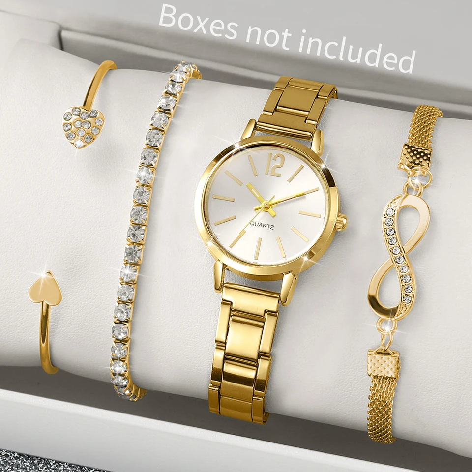 4ks Dámske hodinky móda Malé vytáčanie dámske dámske quartz hodinky Zlatá oceľové pásy náramky náramky set reloj Mujer （bez krabice）
