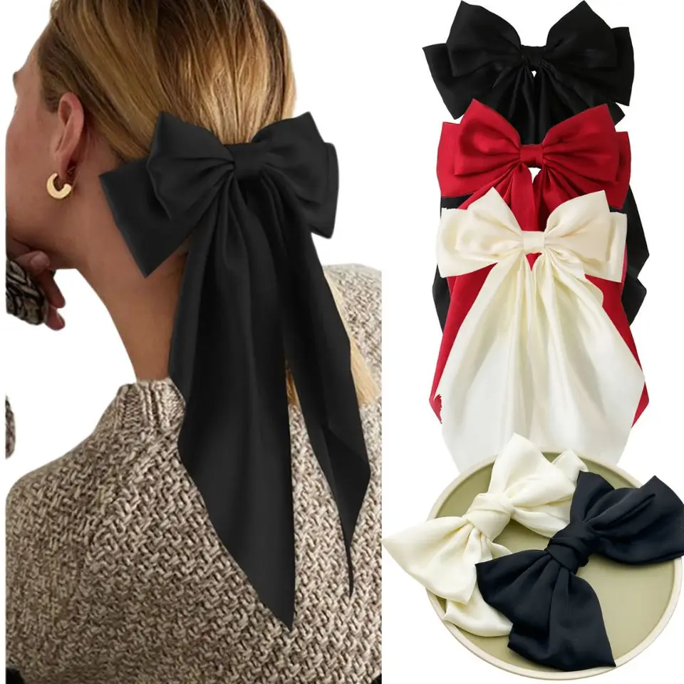 4ks Dámske saténové saténové saténové veľké čierne červené červené pruhové klipové klip Set clip set clip big bowknot Spring Clip clip cap