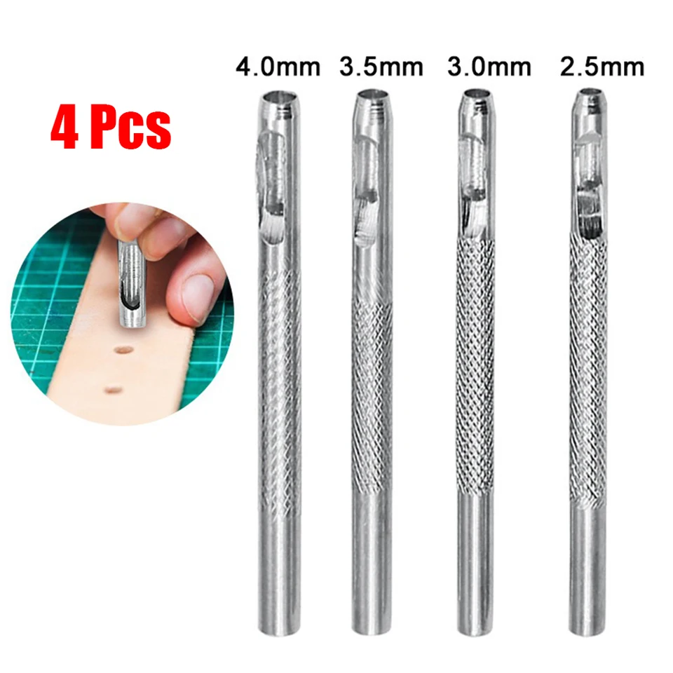 4ks/lot s dutou punčovú set s okrúhlym otvorom Punch Tool Oceľ kožené remeslo Working for Watch Band Table Plastics Gasket Belt