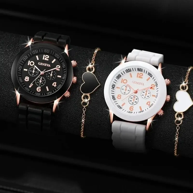 4ks módne jednoduché hodinky Luxusné muži Ženy Silikone Tape Quartz Hodinky pre strieborné obchodné náramky náramky