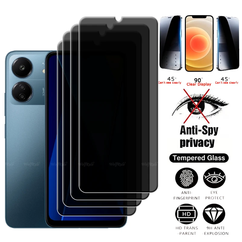 4ks pre POCO C65 sklo Xiaomi POCO C65 Temperované sklo 9H Ochranné súkromné ​​súkromie Anti-SPY Cover Glue Screen Screen Protector Poco C65 C 65