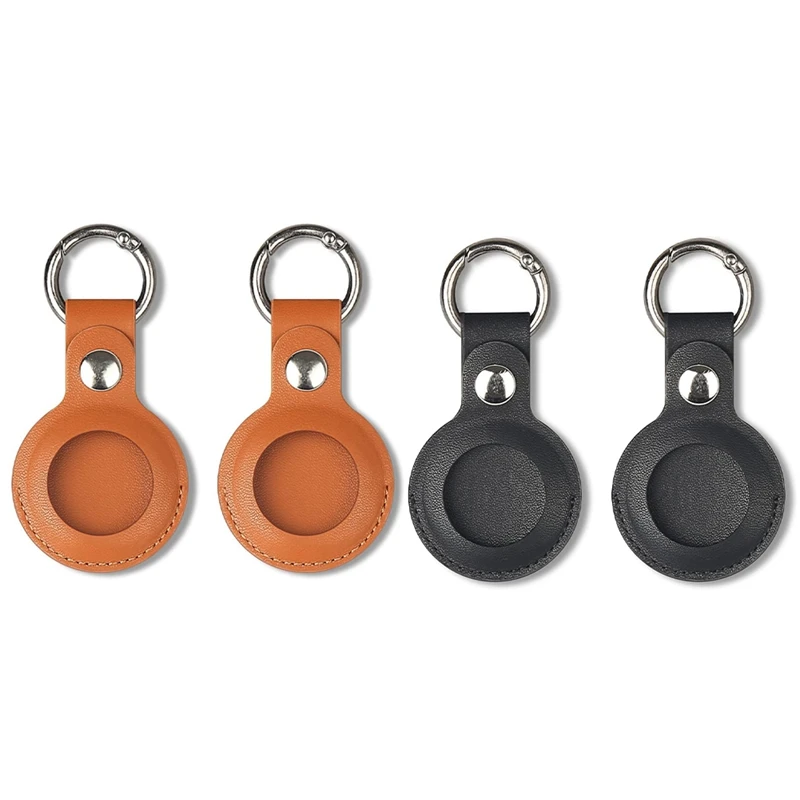 4ks puzdro kompatibilné pre Apple Airtag, pokožka kože s kožou PU s prsteňom držiak na keychain pre vzduchovú značku, hnedá a čierna