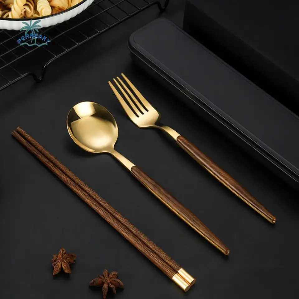 4ks/set Drevená rukoväť prenosná súprava riadu z nehrdzavejúcej ocele s krabicou súprava japonská hladká hrana